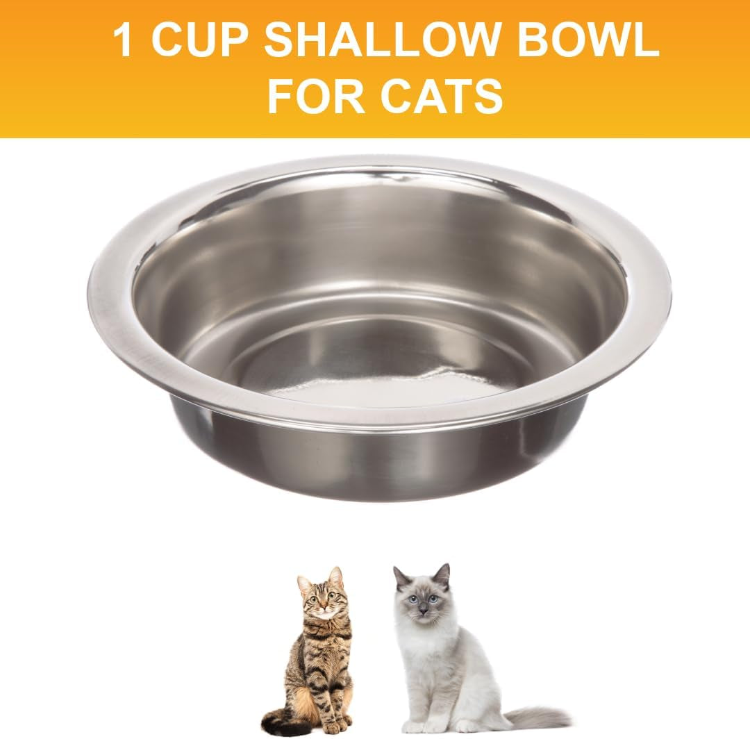 (2pk)1 Cup (8 Oz.) Shallow Stainless Steel Cat Bowls, Set of 2 Neater Feeder Replacement Bowls (Express & Deluxe), Metal Cat Dishes for Food and Water, Whisker Friendly, Dishwasher Safe