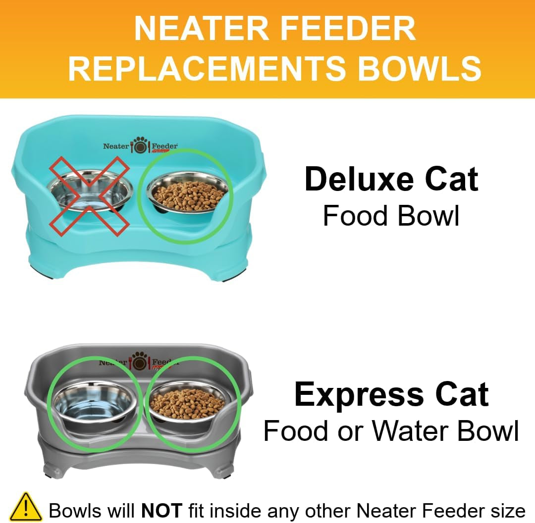 (2pk)1 Cup (8 Oz.) Shallow Stainless Steel Cat Bowls, Set of 2 Neater Feeder Replacement Bowls (Express & Deluxe), Metal Cat Dishes for Food and Water, Whisker Friendly, Dishwasher Safe
